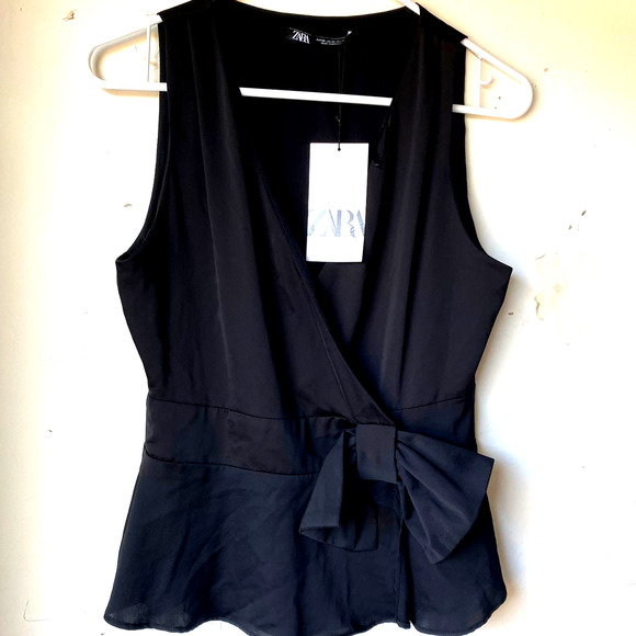 Zara xs black bow tie sleeveless tank nwt v neck - Picture 1 of 3